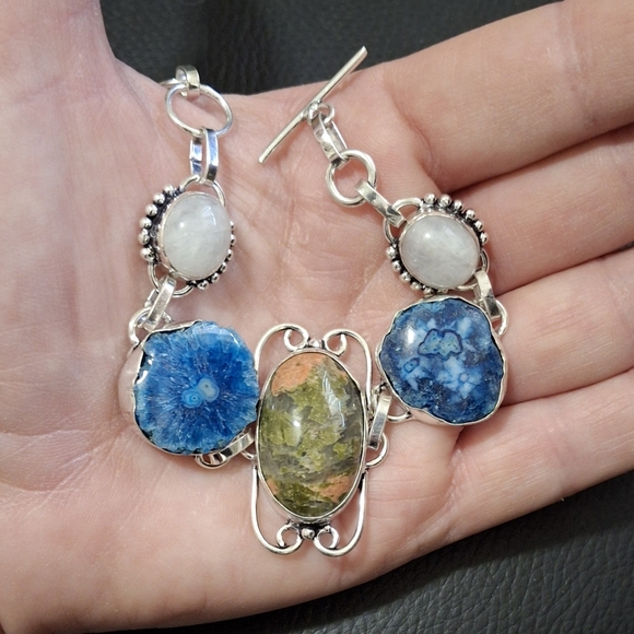 New Unakite, Rainbow Moonstone, Agate Geode Slice 925 Silver Bracelet. - Picture 10 of 10